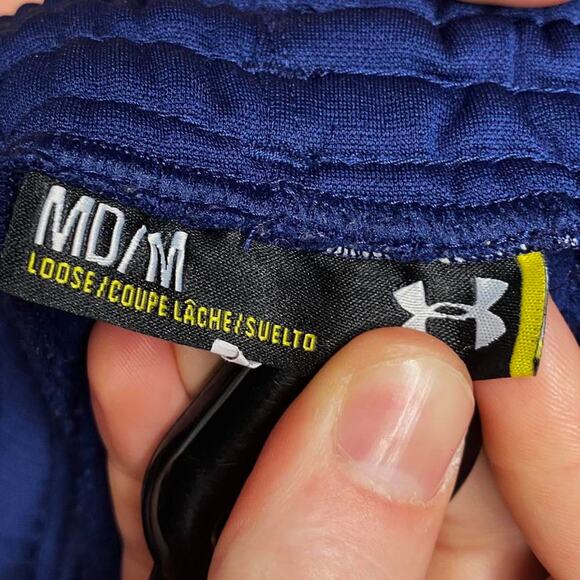 Under Armour Sweatpants Navy Blue Polyester Green Embroidered Logo Loose Fit - Picture 4 of 4